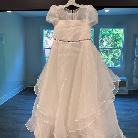 JJs House White Ruffled Tiered Gown with Puff Cap Sleeves JJs House White Ruffled Tiered Gown with Puff Cap Sleeves